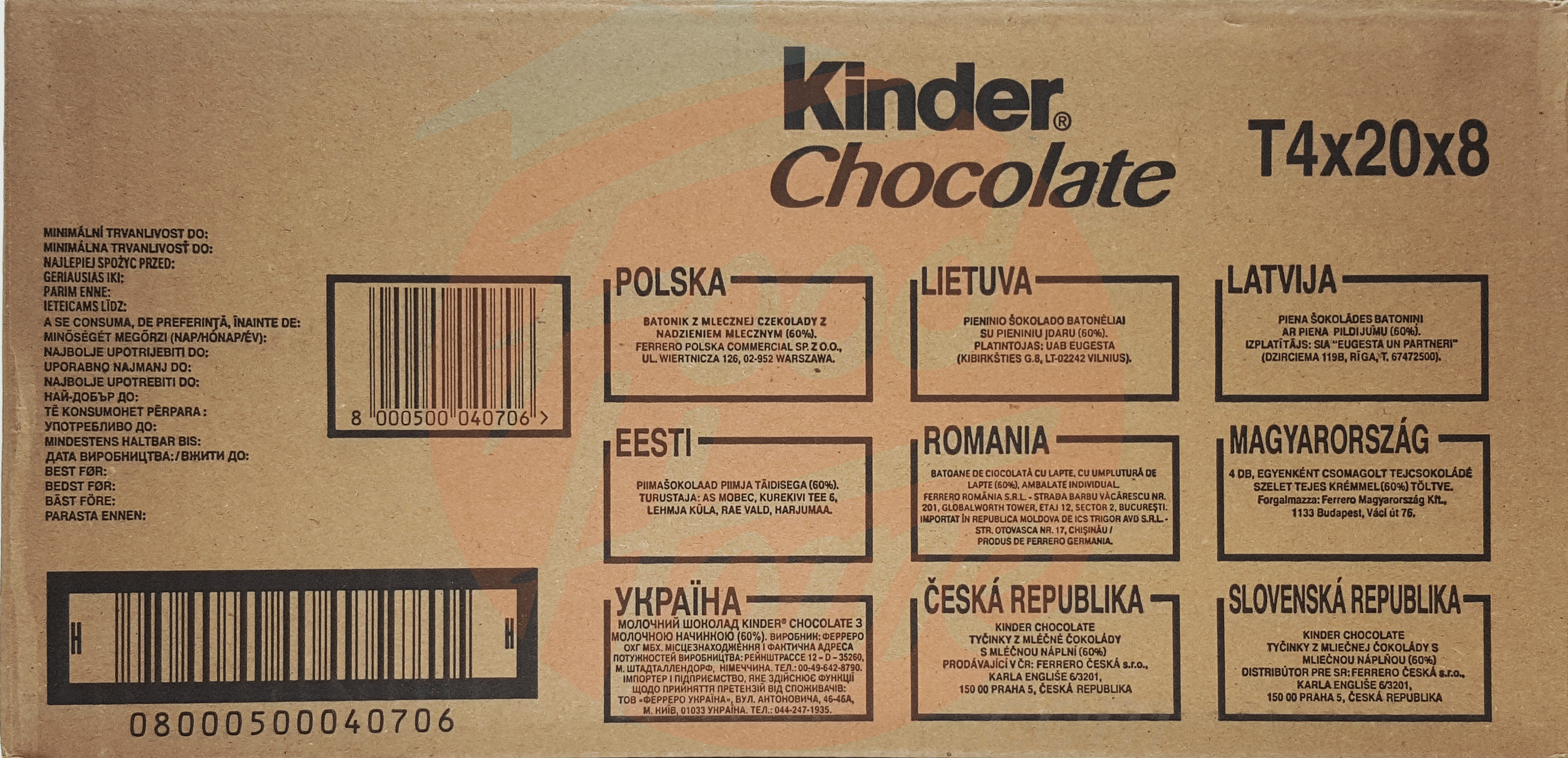 Kinder  chocolate bar with milk filling, 4 sticks, 20-bars per case, 50-gram bars Full-Size Picture